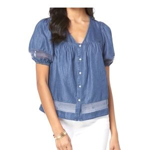 Short sleeve button up denim top with lace trim